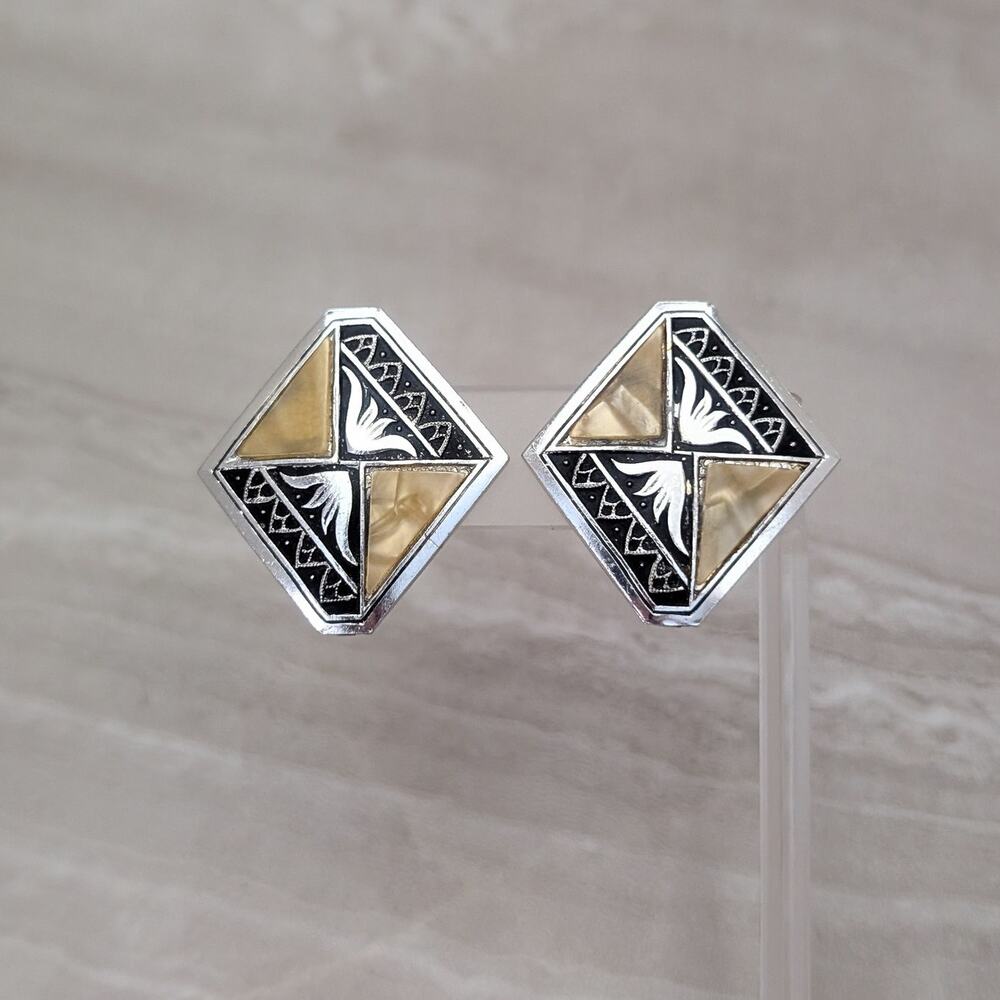 Vintage Clip On Earrings Silver Tone with Dark Beige Mother of Pearl 1 & 3/8"